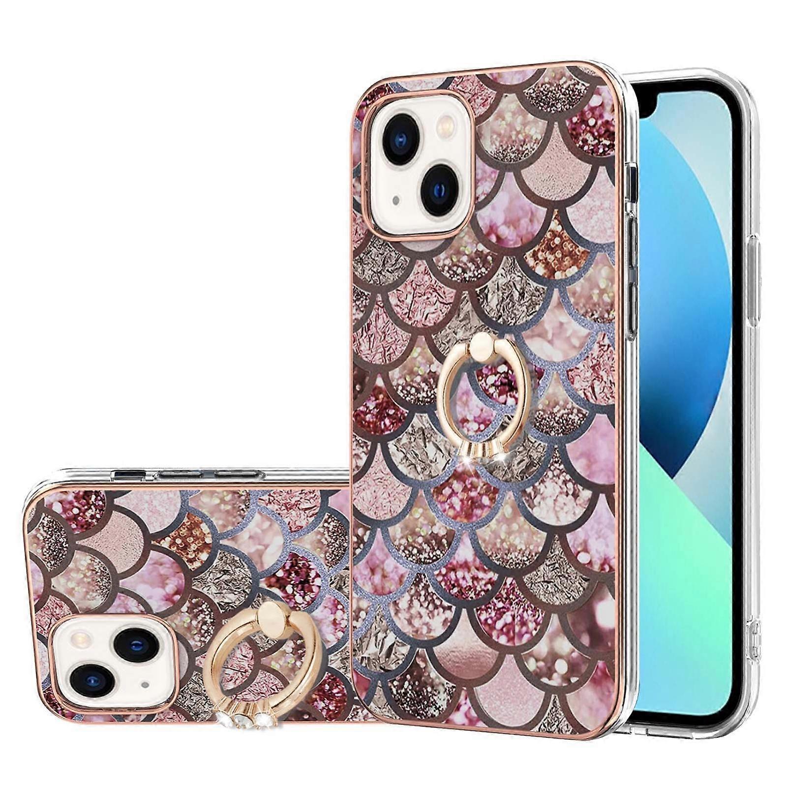 For iPhone 14 Plus Electroplating Pattern IMD TPU Shockproof Case with Rhinestone Ring Holder