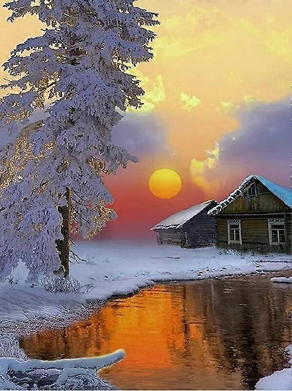 DWW-30 x 40 cm, Snow Scene at Sunset Diamond Painting Diamond Embroidery Painting5D Canvas Painting for Children and Adults, Rhinestone Puzzle Set, Dr