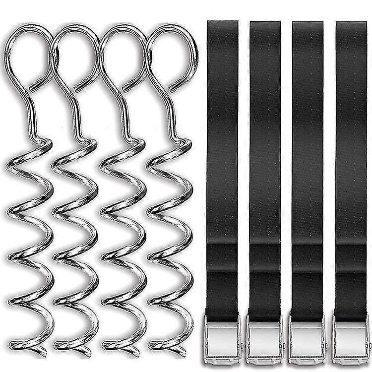 4 Piece Trampoline Ground Anchor Set, Heavy Duty Trampoline Parts Corkscrew Shape, Ground Anchor Set With Adjustable Strap And Metal Buckle, Trampolin