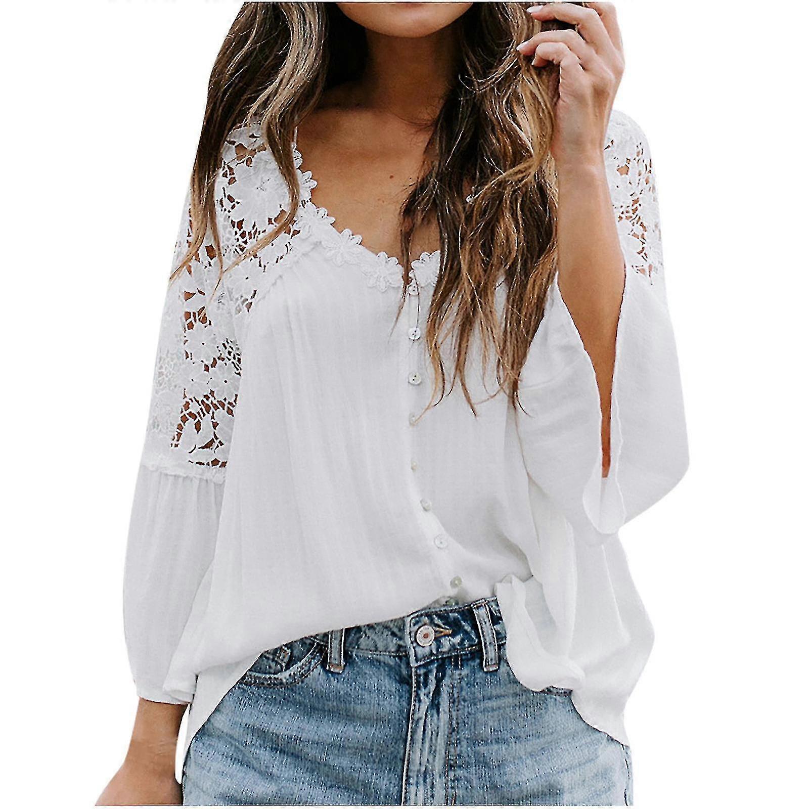 נשים מוצק V-מחשוף תחרה סרוגה עין שלושה רבע חולצות שרוול חולצות