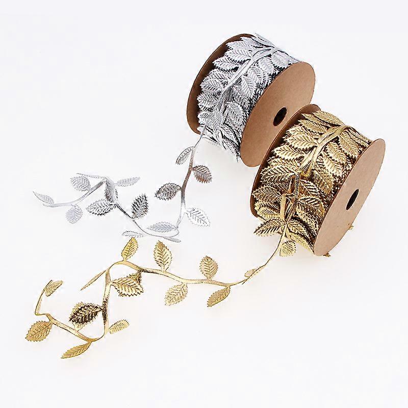 Artificial leaf ribbon (2 rolls, gold and silver) with a width of 45mm and a long leaf strip with a decorative rope DIY handicraft gift packaging and 