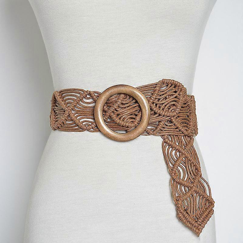 Women's Bohemian style rope wide edge woven waistband (camel color, 100-135CM), with retro decorative pattern waistband