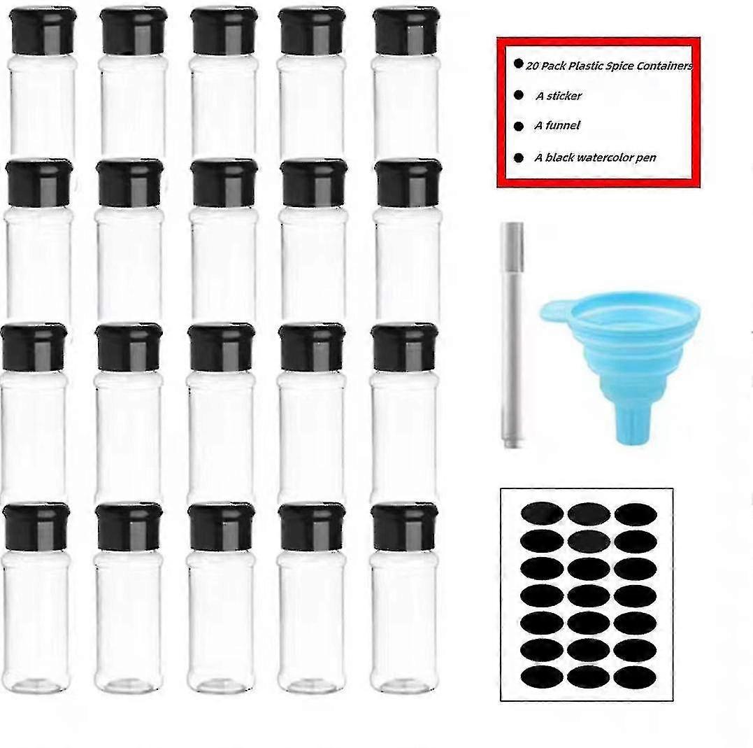 20 Pack Plastic Spice Containers, Clear Spice Jars With Shaker Lids And Labels, Empty Plastic Spice Bottles