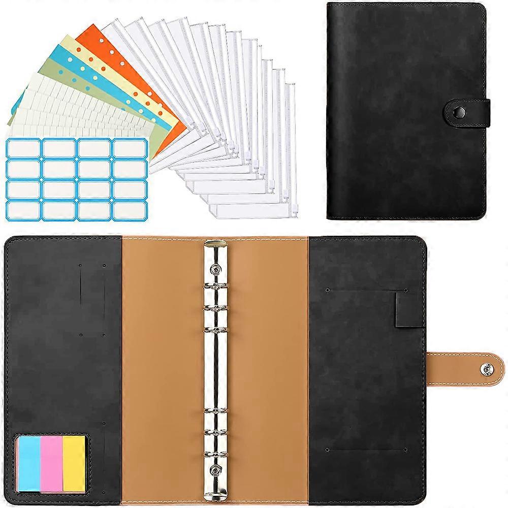 A6 Binder Notebook, PU Leather Loose Leaf Notebook with 12 Pcs Clear Plastic Binder Covers Label Stickers Notebook Ring Binder Binders for Passports T