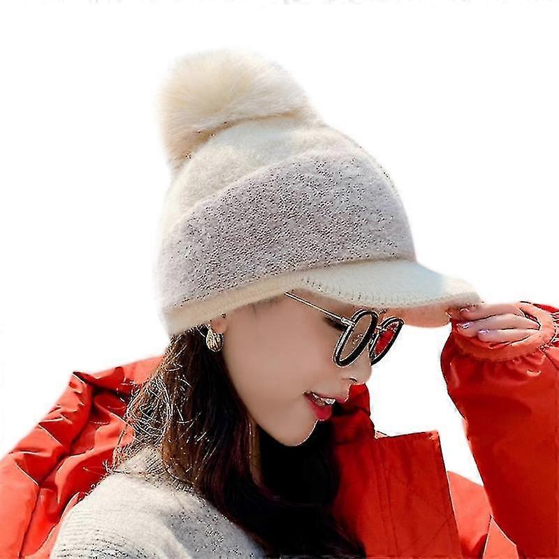 Women Winter Thick Warm Fuzzy Knit Beanie Cap With Visor Bill Cute Pompom Cold Weather Windproof Skullies Baseball Cap