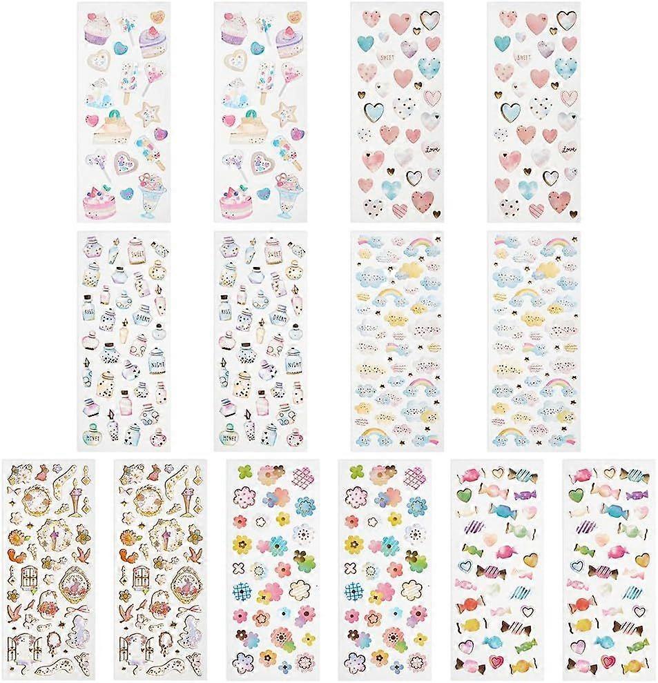 14 Sheets 7 Styles Epoxy Resin Sticker Flower Candy Bottle Heart Cloud Cake Pattern Self Adhesive Stickers Mixed Shapes Decorate Stickers Kit for Scra