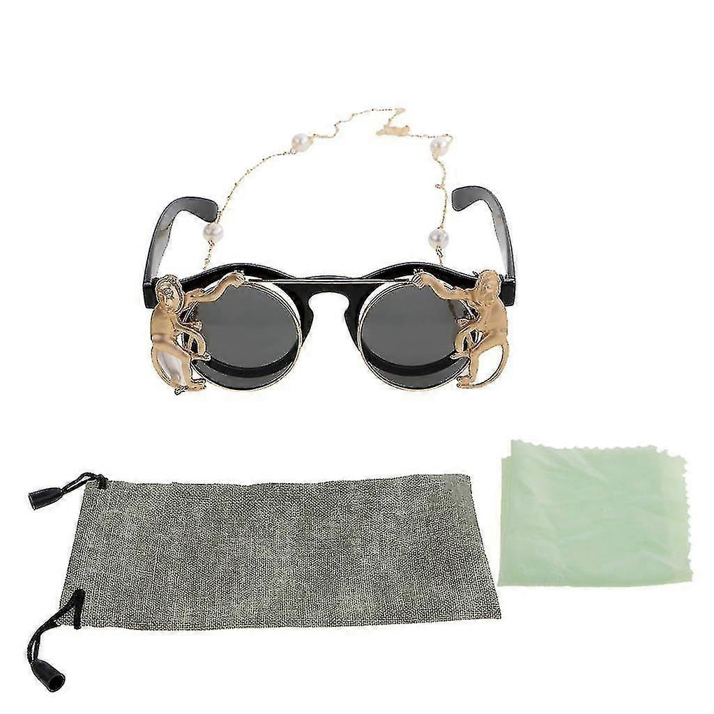 Double Flip Glasses Monkey Pearl Chain Retro Sunglasses Black