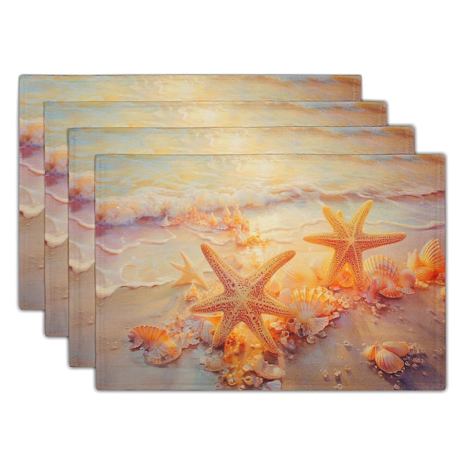 4 Sets Coastal Nautical Starfish Shell Placemats 12x18 Inch Ocean Theme Kitchen Decor Cotton Fabric