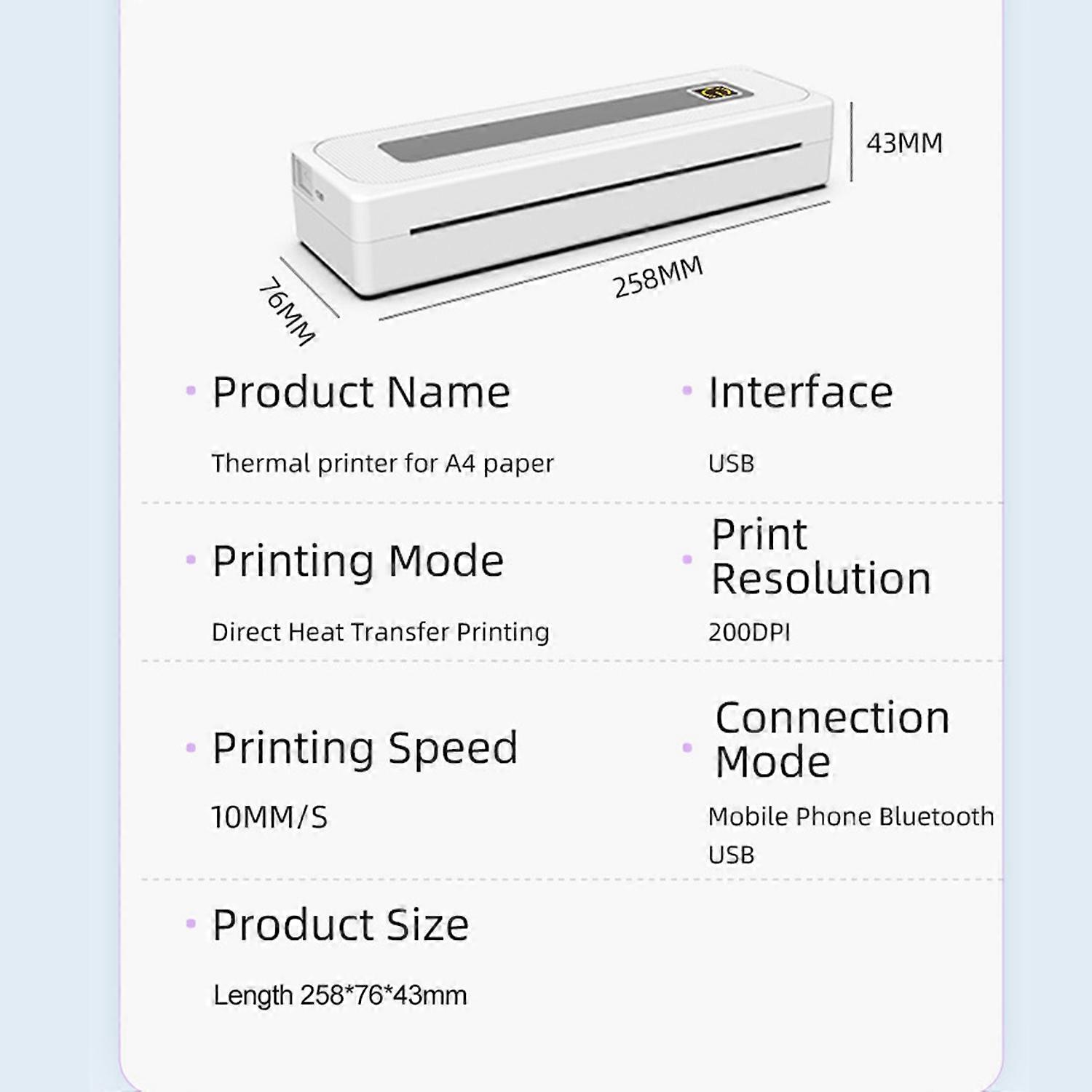Portable Printer Wireless Inkless Printer Supports 8.26"x11.69" Thermal Paper Printer BT5.1 Connecti