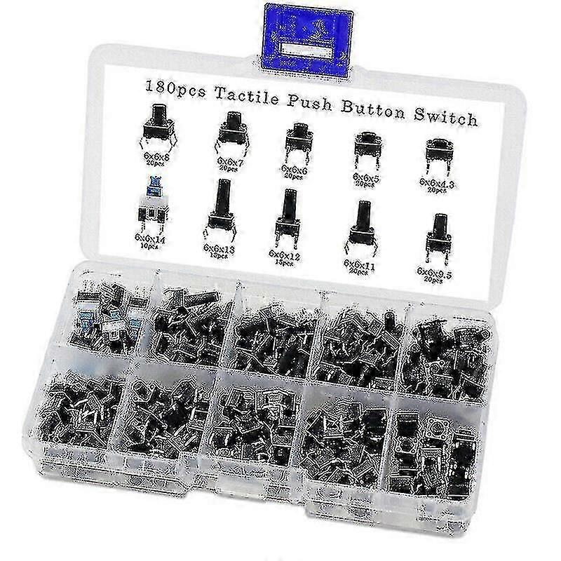 180 Pcs 10 Values Tactile Push Button Switch Mini Momentary Tact Assorted Kits