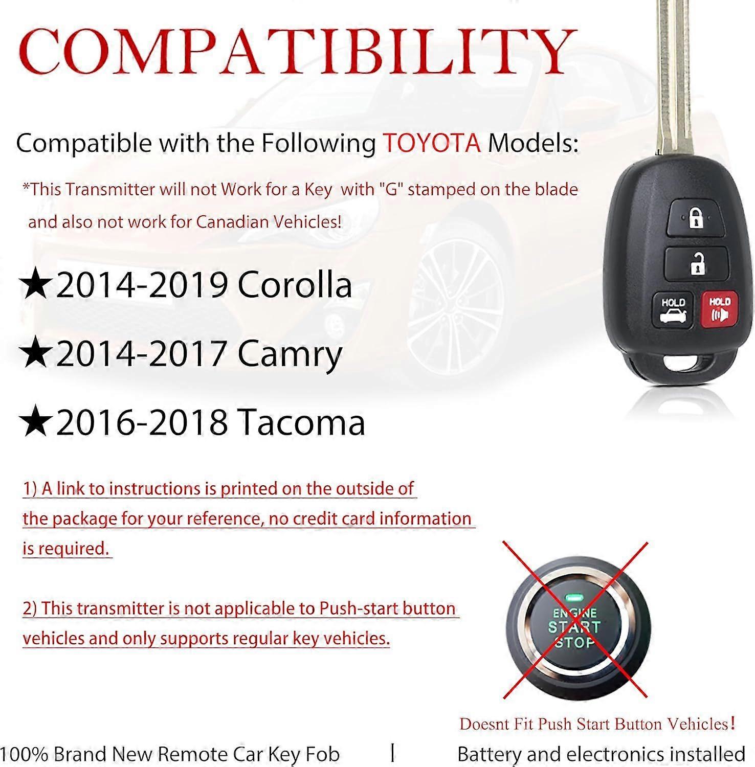 Key Fob Remote Replacement Fits for Toyota Corolla 2014 2015 2016 2017 ...