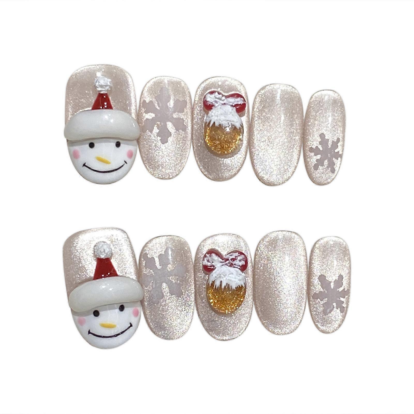 Short Round Christmas False Nails With 3D Snowman Decor Artificial Nails
