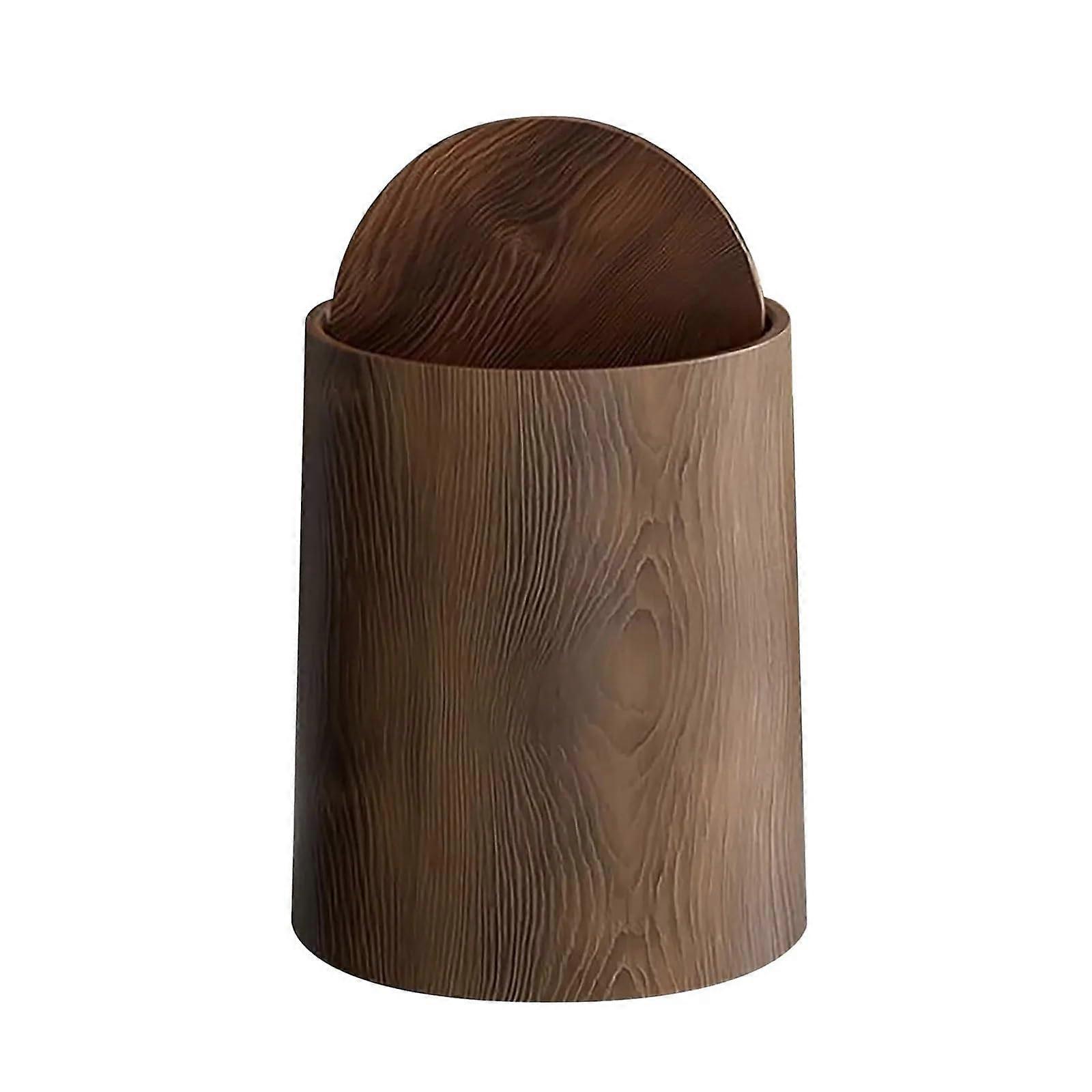 Walnut Brown Wood Grain Bathroom Trash Can with Lid, Rotating Minimalist Design, Detachable Thin, 27x23.3cm Size