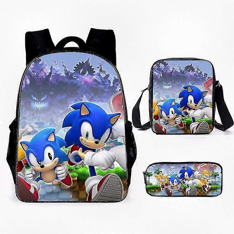 Sonic Themed Three-Piece School Set - Cartoon Backpack, Shoulder Bag and Pencil Case for Fans | Colorful and Sturdy Collection