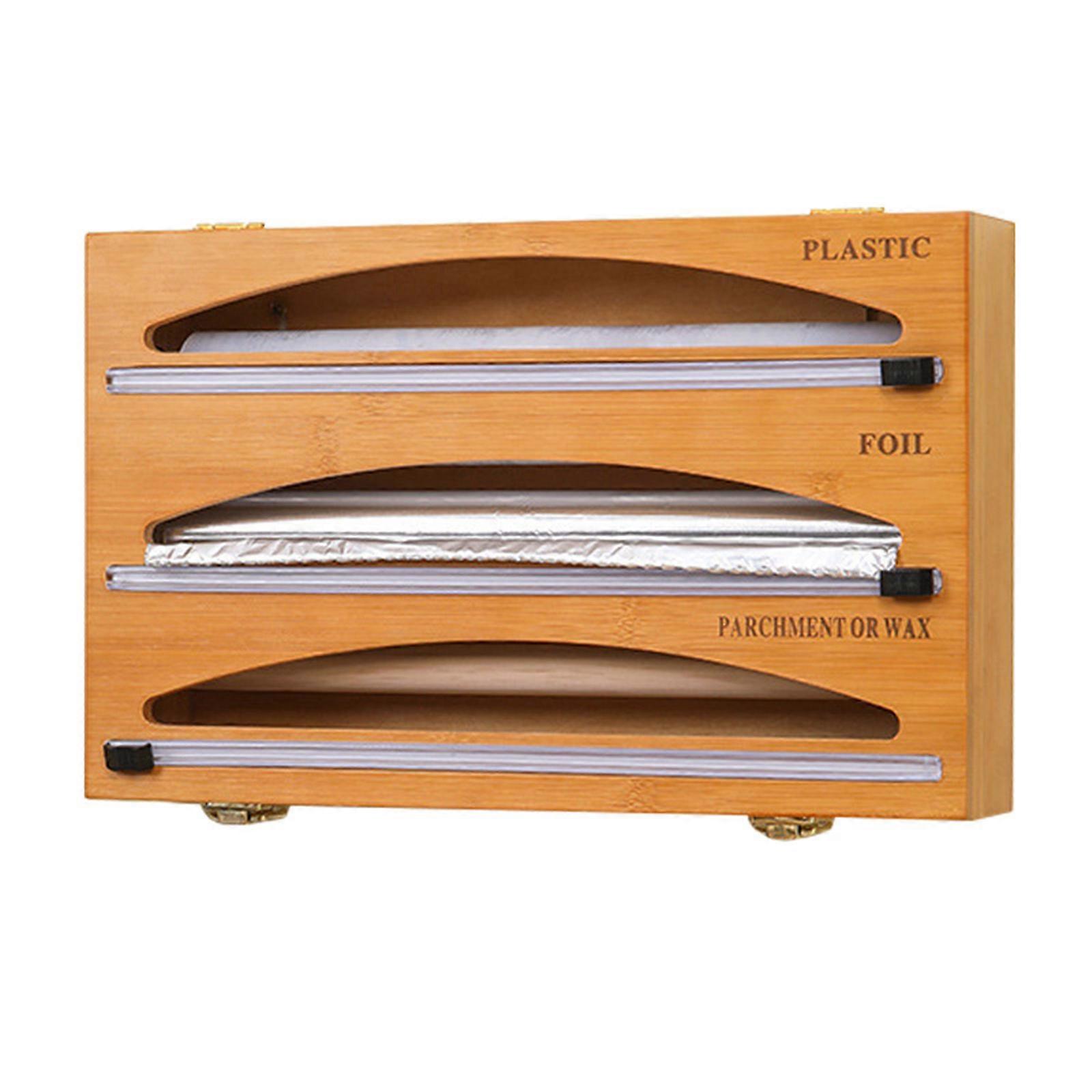 Wrap Dispenser with Slide Cutter Stroage Holder for Plastic Wrap, Foil and Wax, Natural Bamboo Organizer Wall Mounted