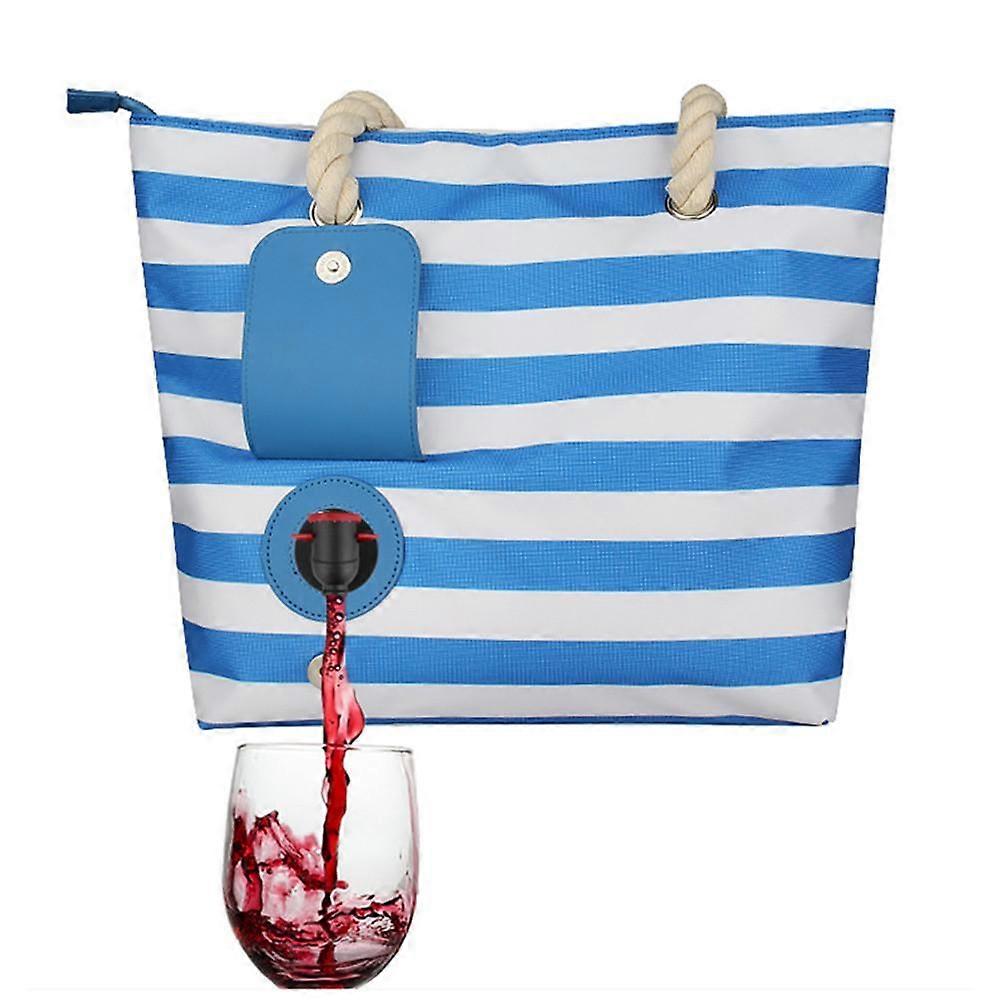 Outdoor Portable Wine Bag Striped Insulated Picnic Beach Cooler Bag with Inner Liner Blue 33x42.5cm for Storing and Dispensing Win
