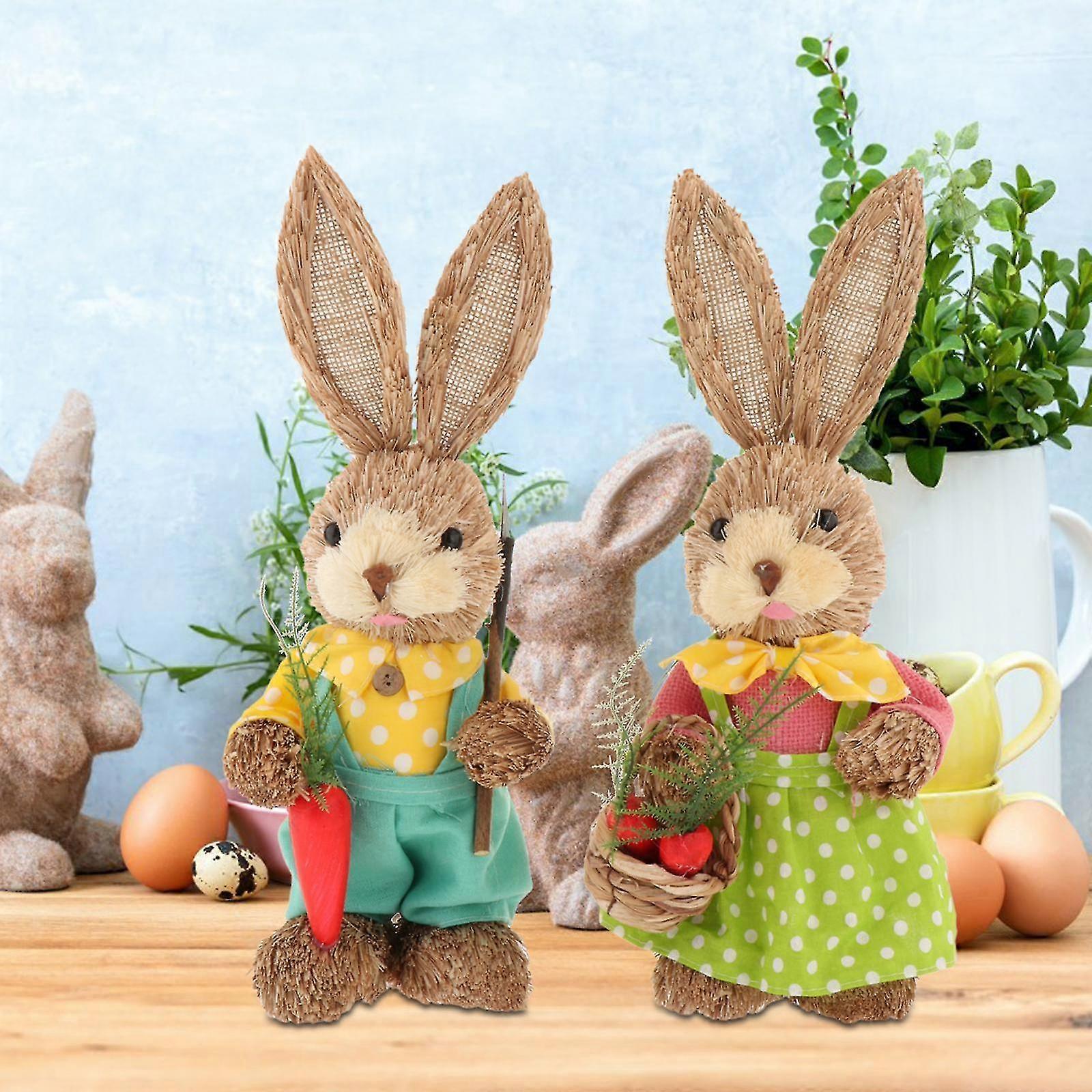 2pcs Straw Rabbit Ornaments Statue for Easter, Spring Table Decorations with Standing Bunny Figurine, Perfect for Enhancing Seasonal Decor