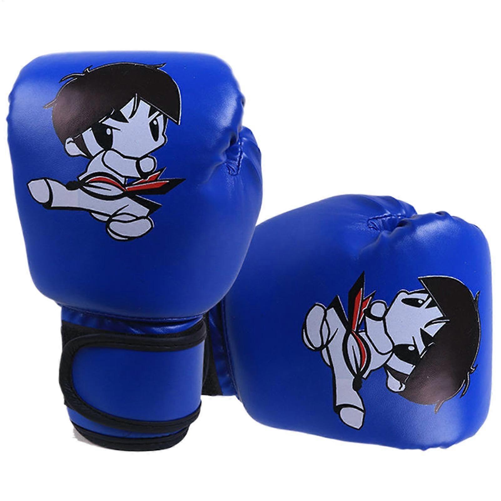 Kids Muay Thai Gloves, 6.69 x 9.84 Inch PU Leather Sparring Gloves with Adjustable Wrist Strap, Cartoon Patterns for Home Gym, Blue
