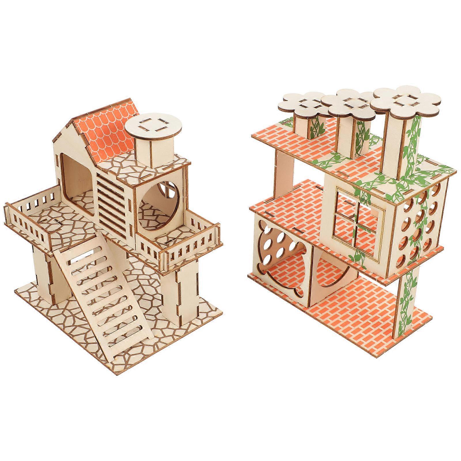 Creative Wooden Hamster House Pet Playground Hideout Platform Natural Wood Chew for Small Pets Guinea Pig Hamster Climbing Villa