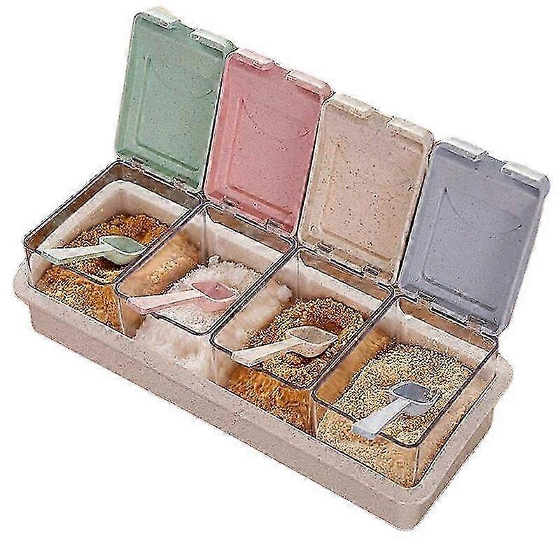 Seasoning Bottle Wheat Straw Spices Box Jars Condiment Organizer with 4 Grids