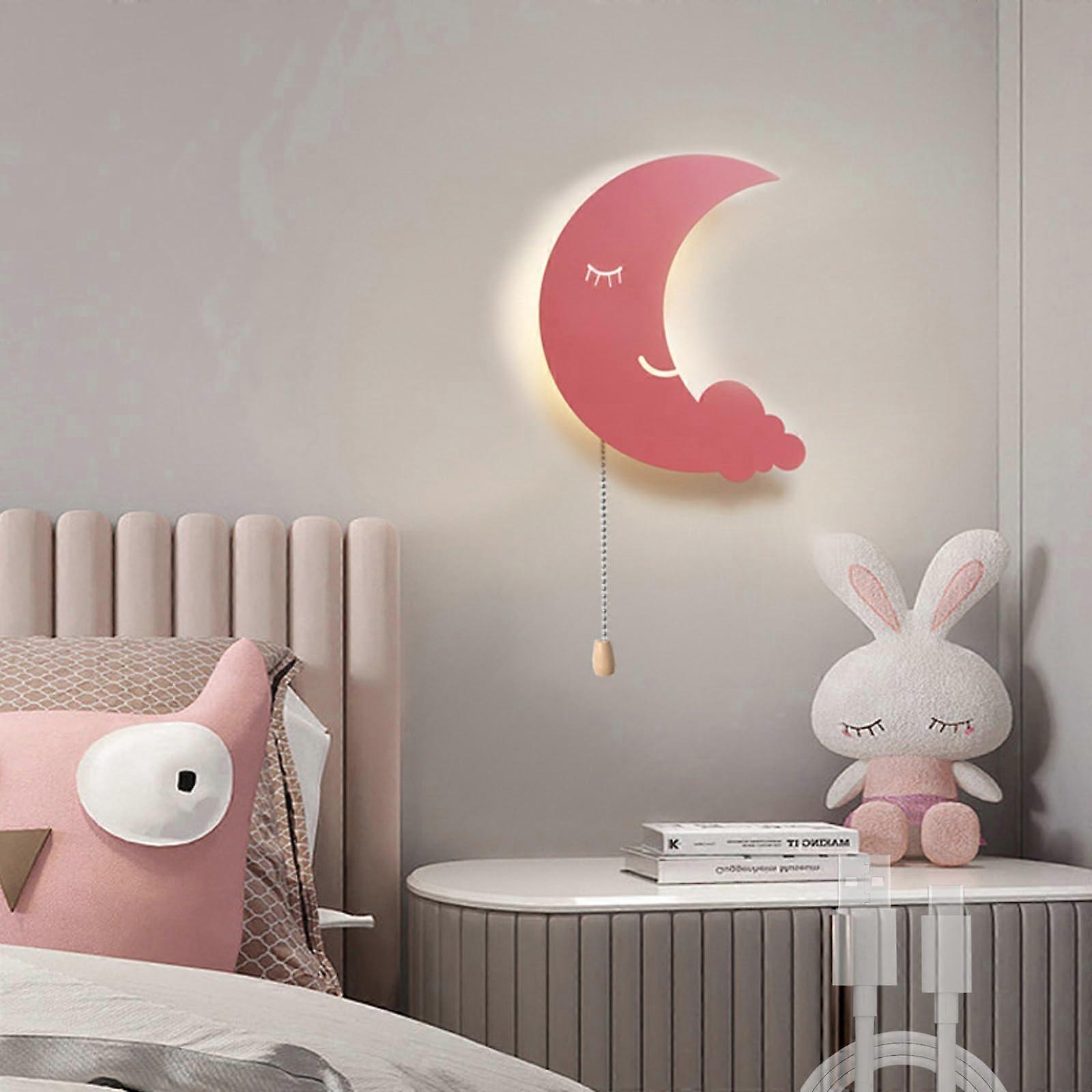 LED Children's Wall Lamp with Pull Switch, USB Rechargeable, Battery Operated, 2700K/4500K/6500K, Cloud Design, A-Pink