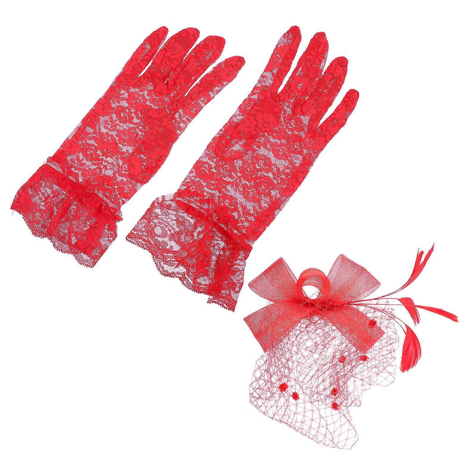 Bowknot Hat With Veil And Gloves Set Formal Events Red Lace Material 21x9cm 1Hat 1PairofGloves
