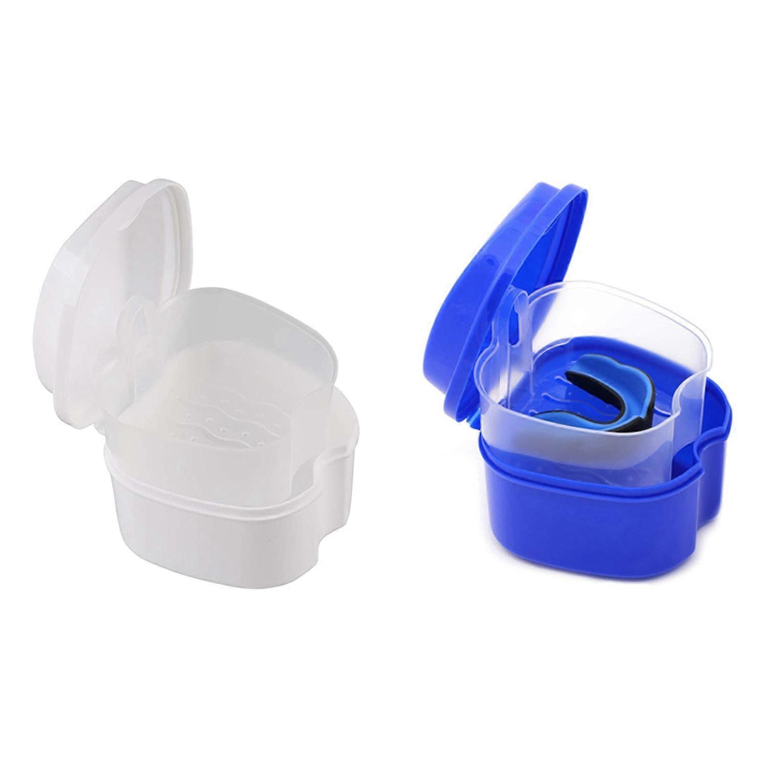 2Pcs Denture Case, Denture Cup with Strainer, Denture Bath Box False Teeth Storage Box - Dark Blue &