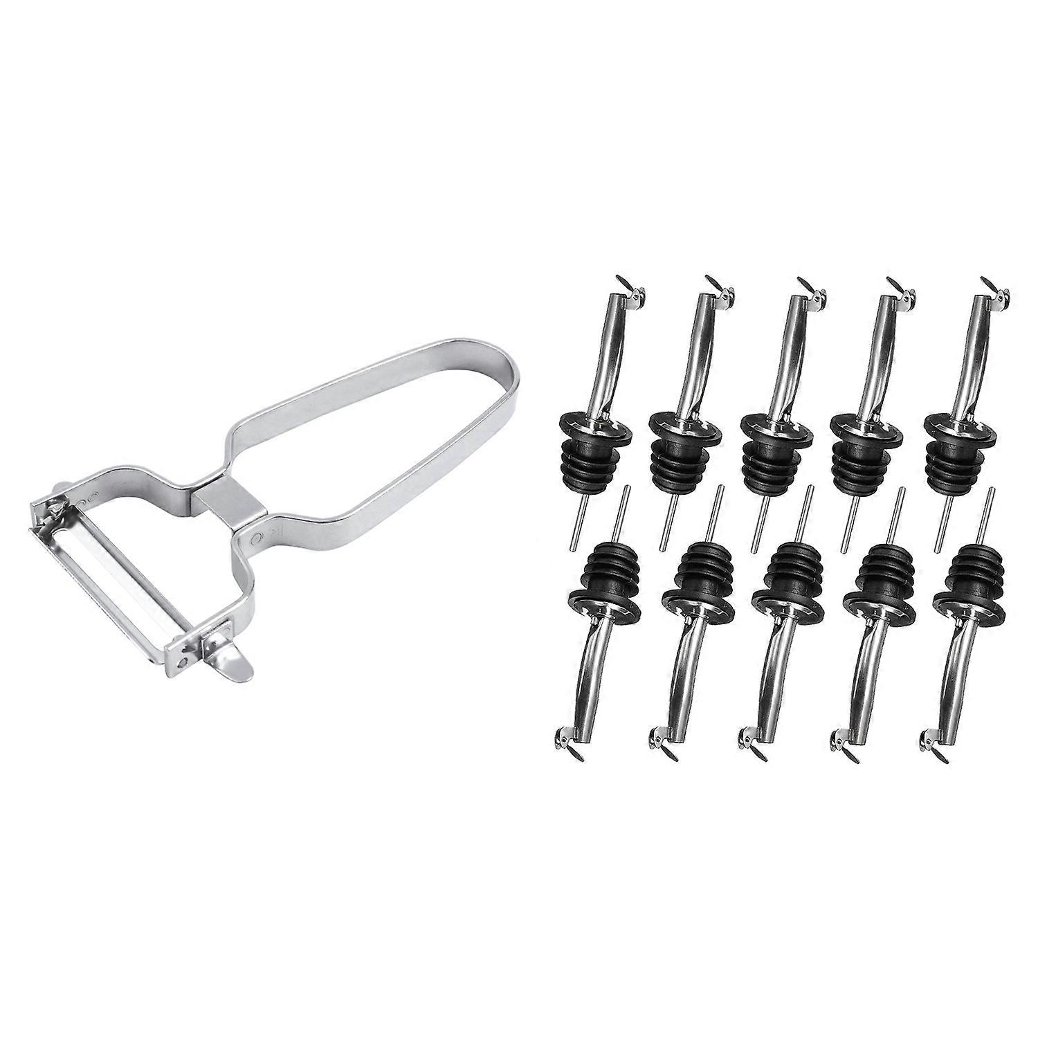 10-Pack Stainless Steel Wine Pourers Liquor Pour Spouts Set & 1x 2 in 1 Slicer Planer Potato Carrot