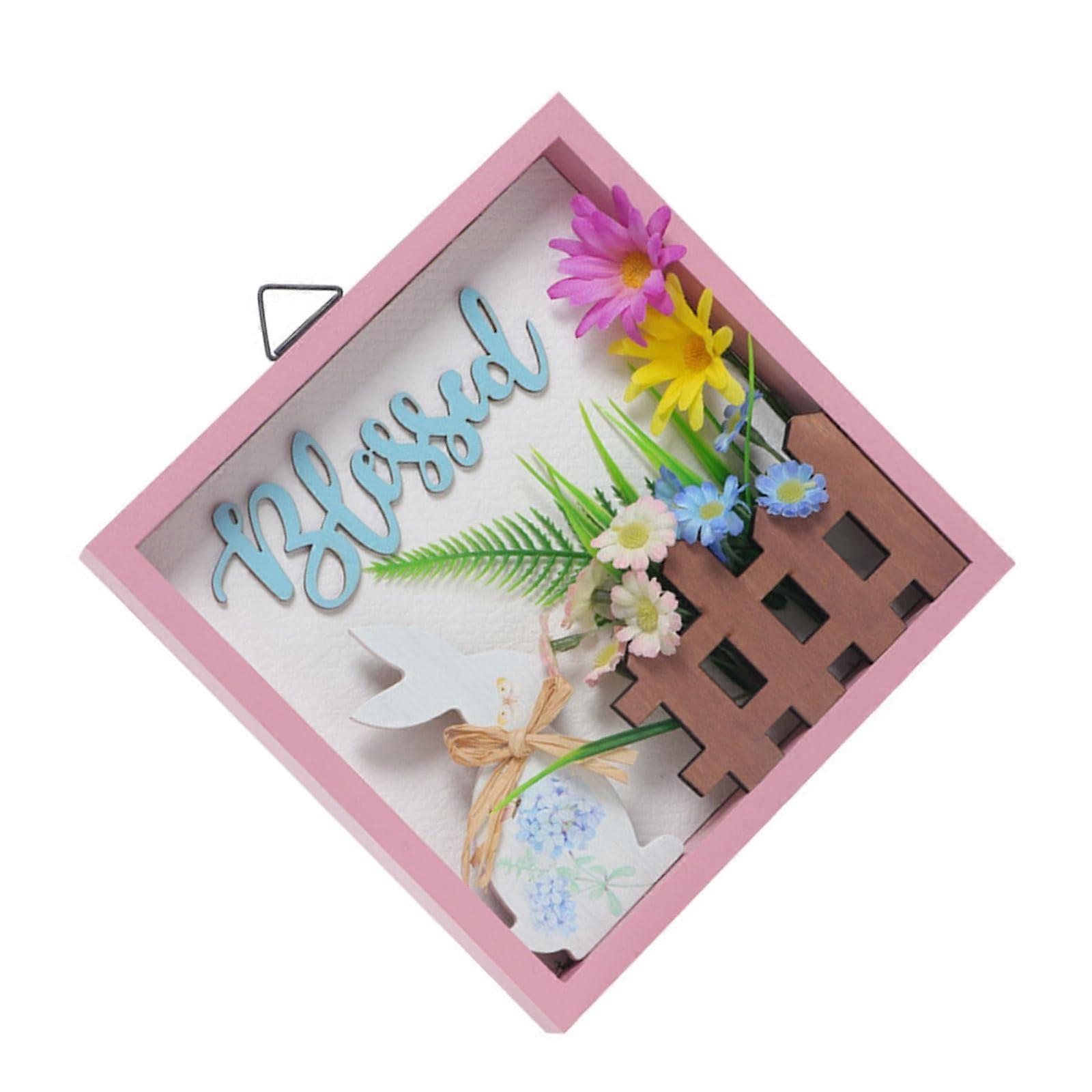 Welcome Wooden Sign With Colorful Artificial Flowers And Rabbit In Wood Frame For Front Door Spring Hanging Ornament