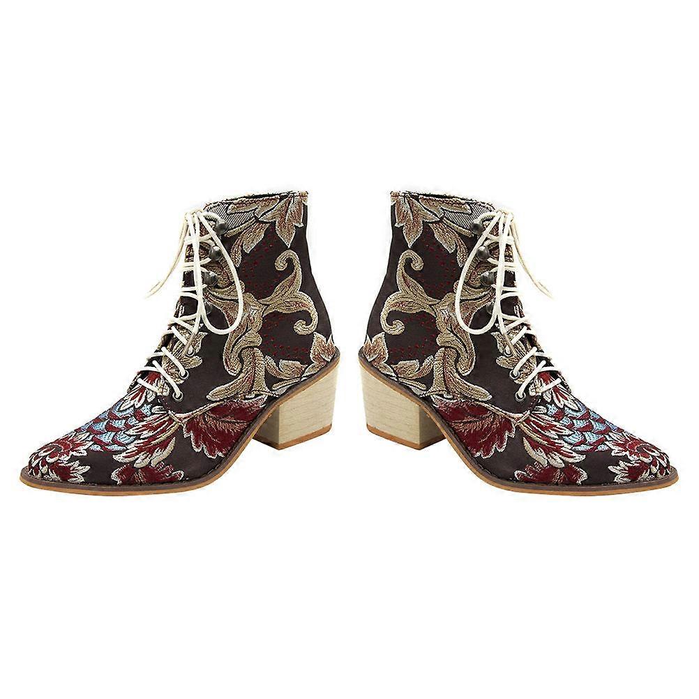 Ankle Boot Women 1 Pair Lace-up Embroidered Winter Boots Retro National Style Size 38 Dark Red