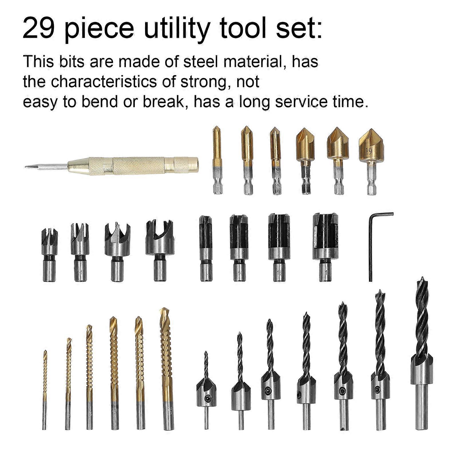 29Pcs Woodworking DIY Bit Set Chamfering Drilling Tool Round Shank Reaming Bit Bit Wood Plug Milling Cutters