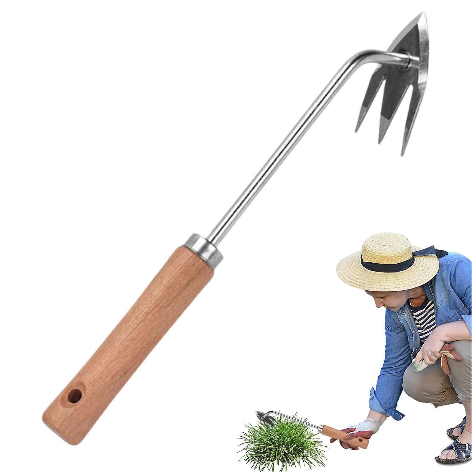 3-Tine Weeding Tool With Root Removal, Ergonomic Wooden Handle For Vegetable Gardens