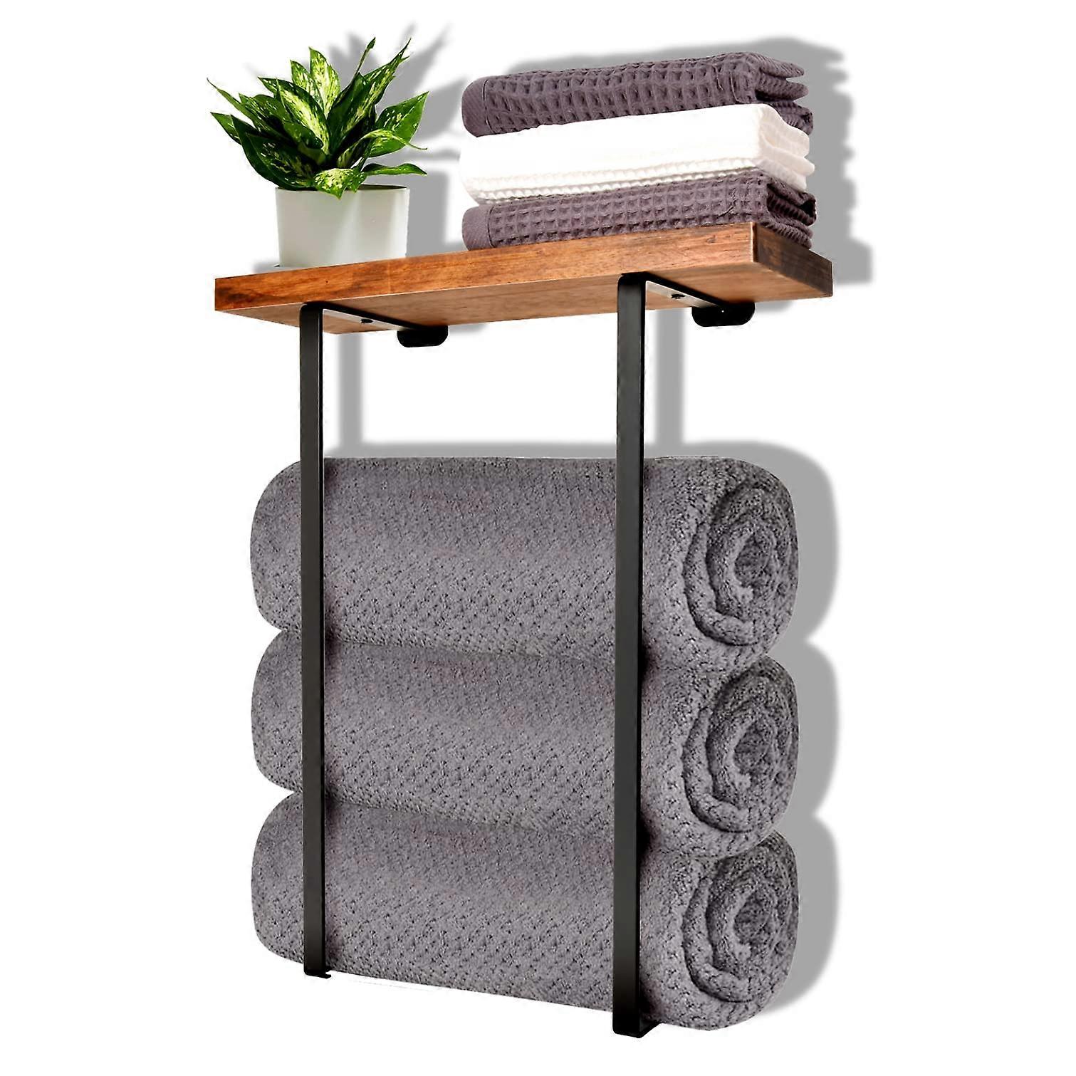 Wall Mounted Towel Rack For Bathroom, Metal Frame With Wooden Shelf, Space Saving, Black Finish
