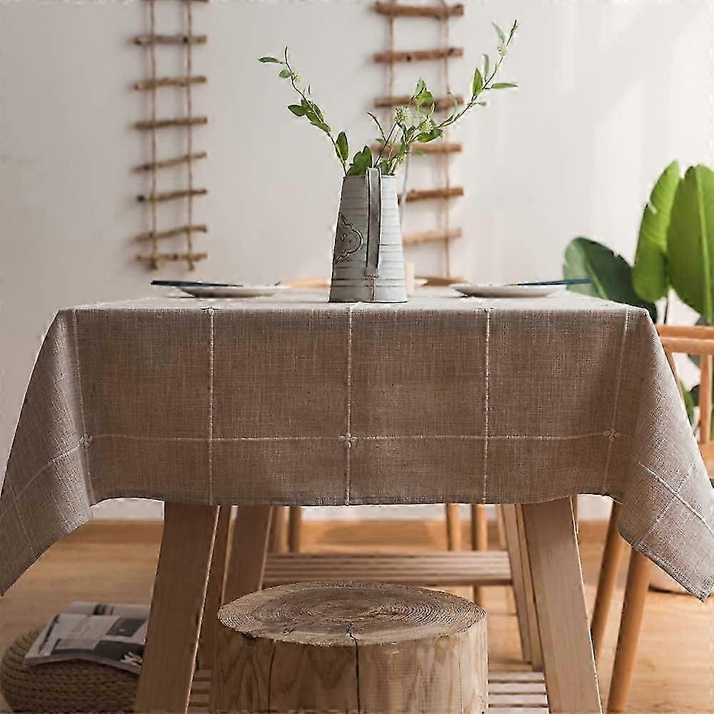 Cotton Linen Tablecloth for Square Tables Solid Grid Embroidery Table Cover for Kitchen Dining Table Decoration (135x135cm, Khaki)