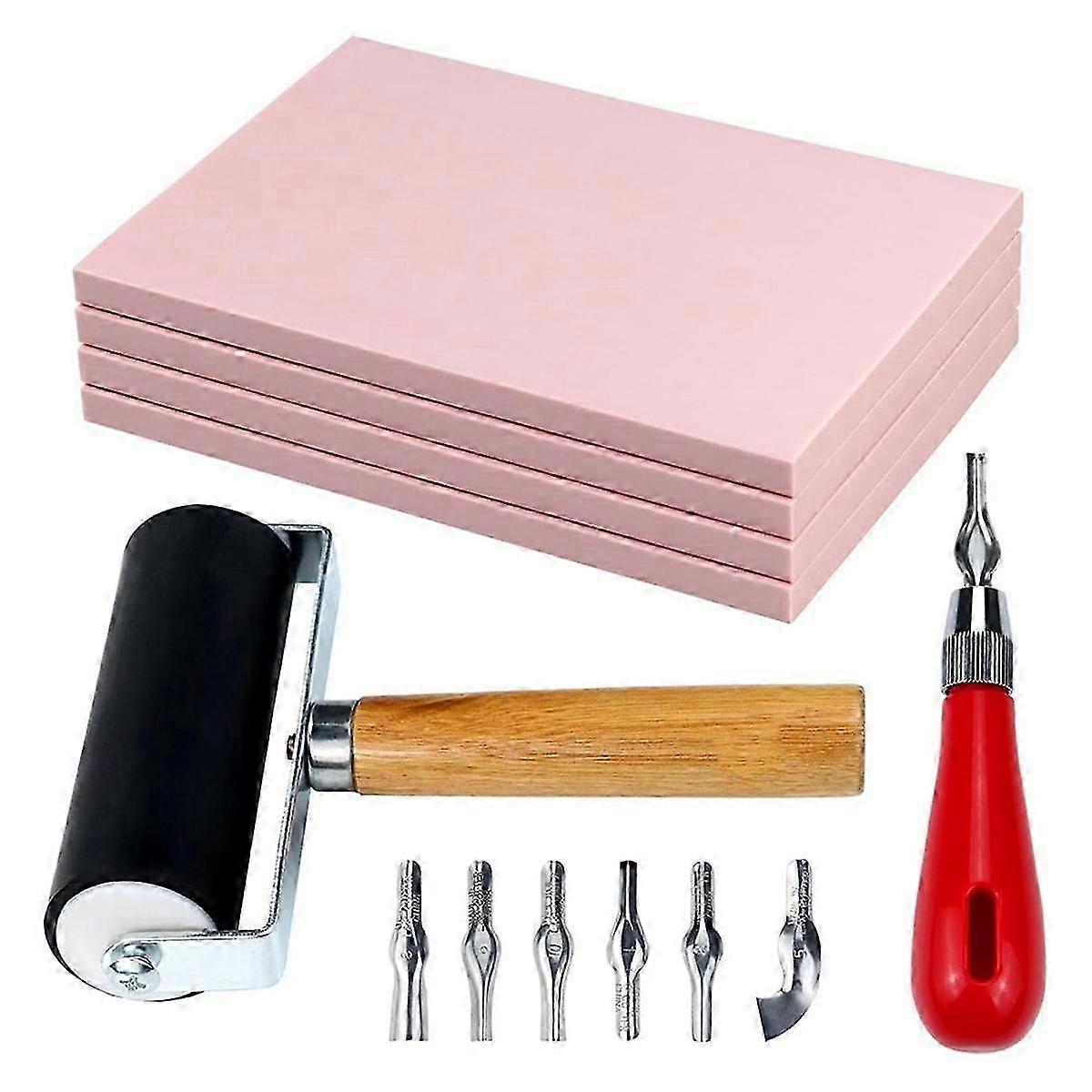 4 Pack Rubber Block Stamp Carving Blocks with Cutter Tools and Rubber Brayer Roller for Printmaking