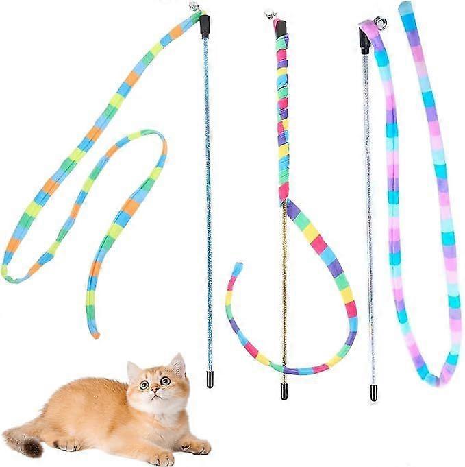 3PCS Interactive Cat Rainbow Wand Toys, Colorful Cats String Toy Teaser Wand Sturdy Pole with Spring Balls for Kitten Cat Having Fun Exerciser Playing