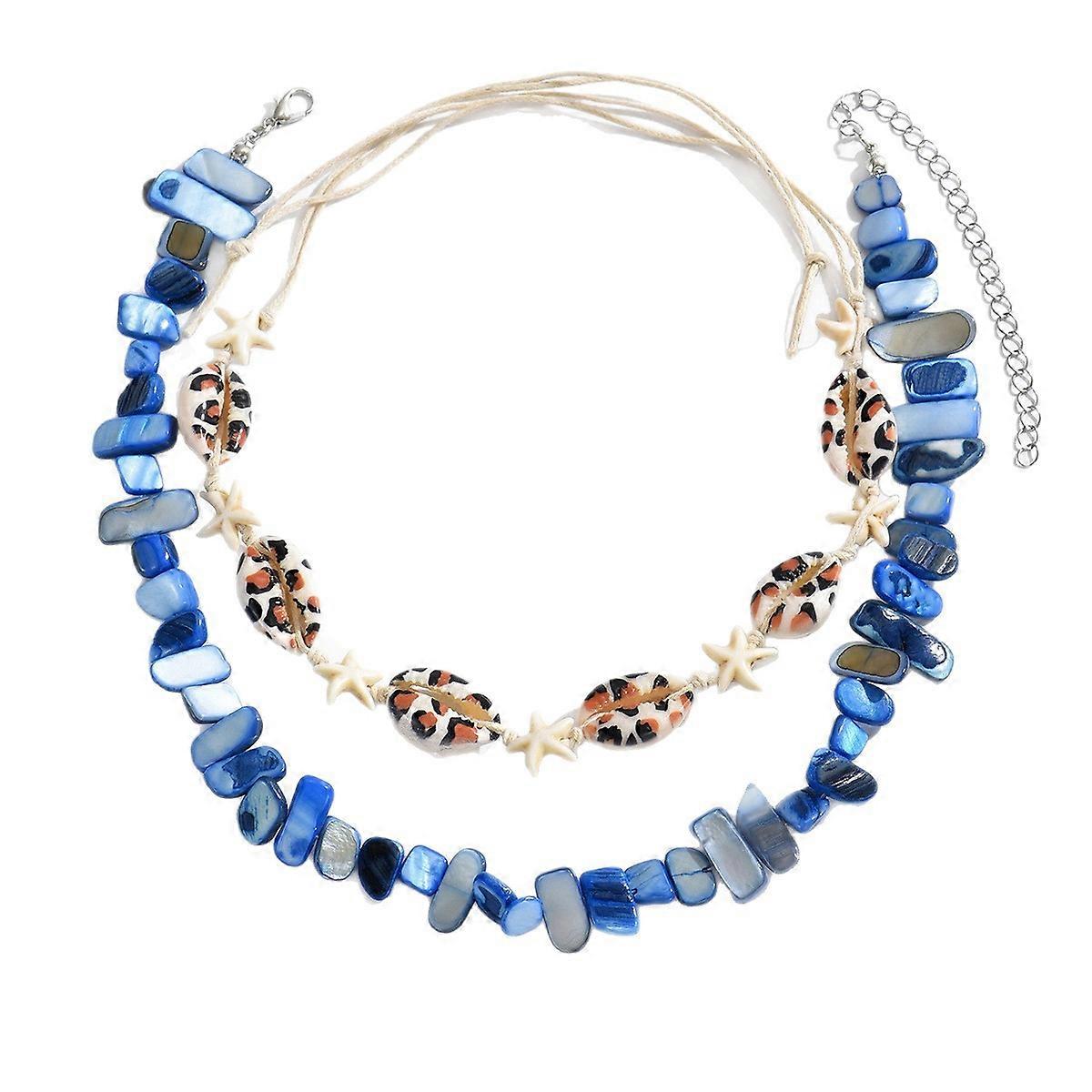 Beaded Necklace, Irregular Chips Layered Style with Ocean Shells Starfish