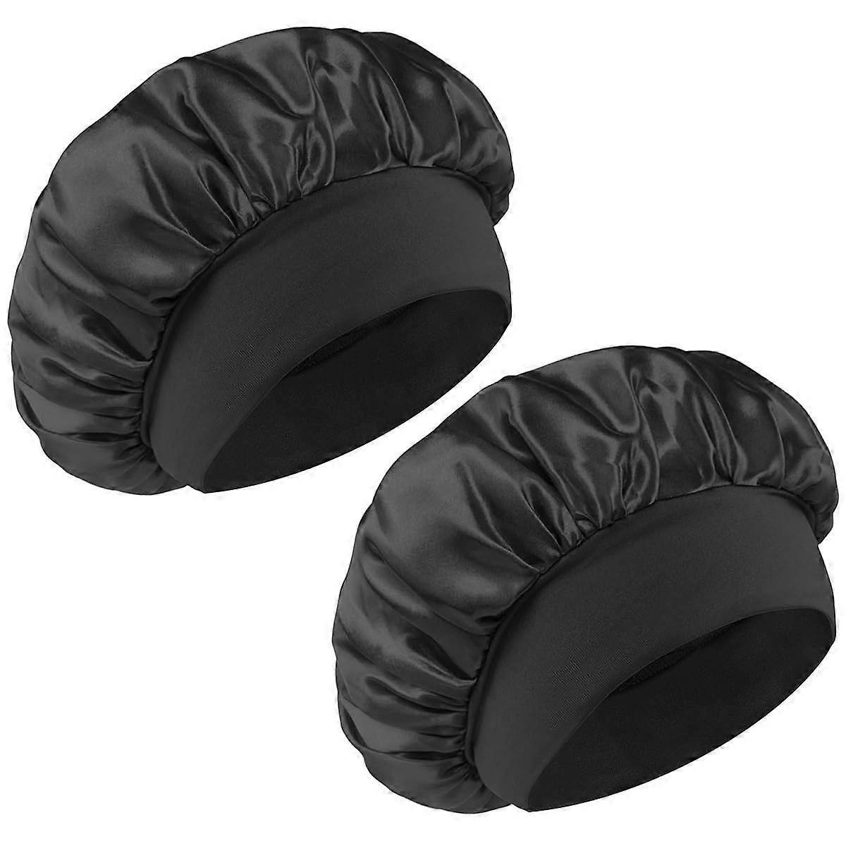 Adjustable Shower Caps For Women, 2 Pcs, Satin Sleep Cap, Reusable Elastic Cap For Long Hair, Black Bonnet