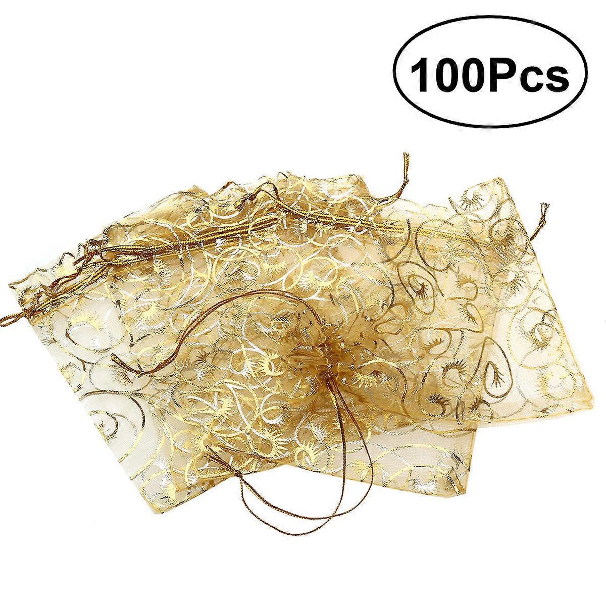 Organza Drawstring Gift Bags for Packaging 300Pcs Eyelash Pattern Golden