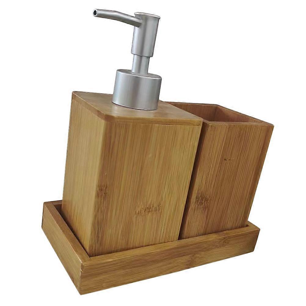 Bamboo Bathroom Set With Lotion Dispenser Toothbrush Holder For Homeowners 2 Sets Practical Organization