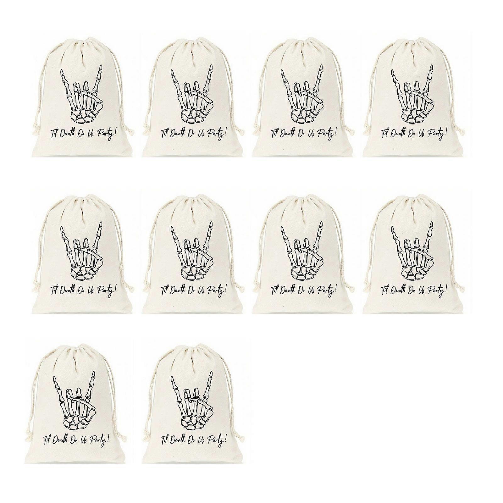 10Pcs Practical Halloween Skull Pattern Linen Storage Bag Easy Access Drawstring for Home Celebration Accessories  White