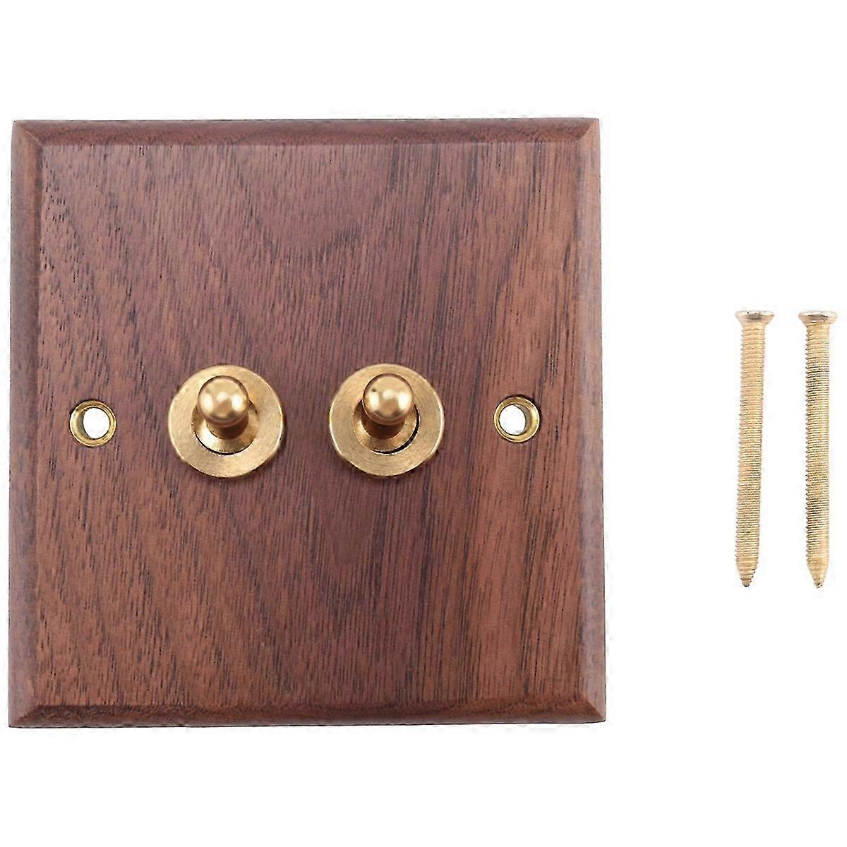 Brass toggle light switch for industrial decor, solid wood plate