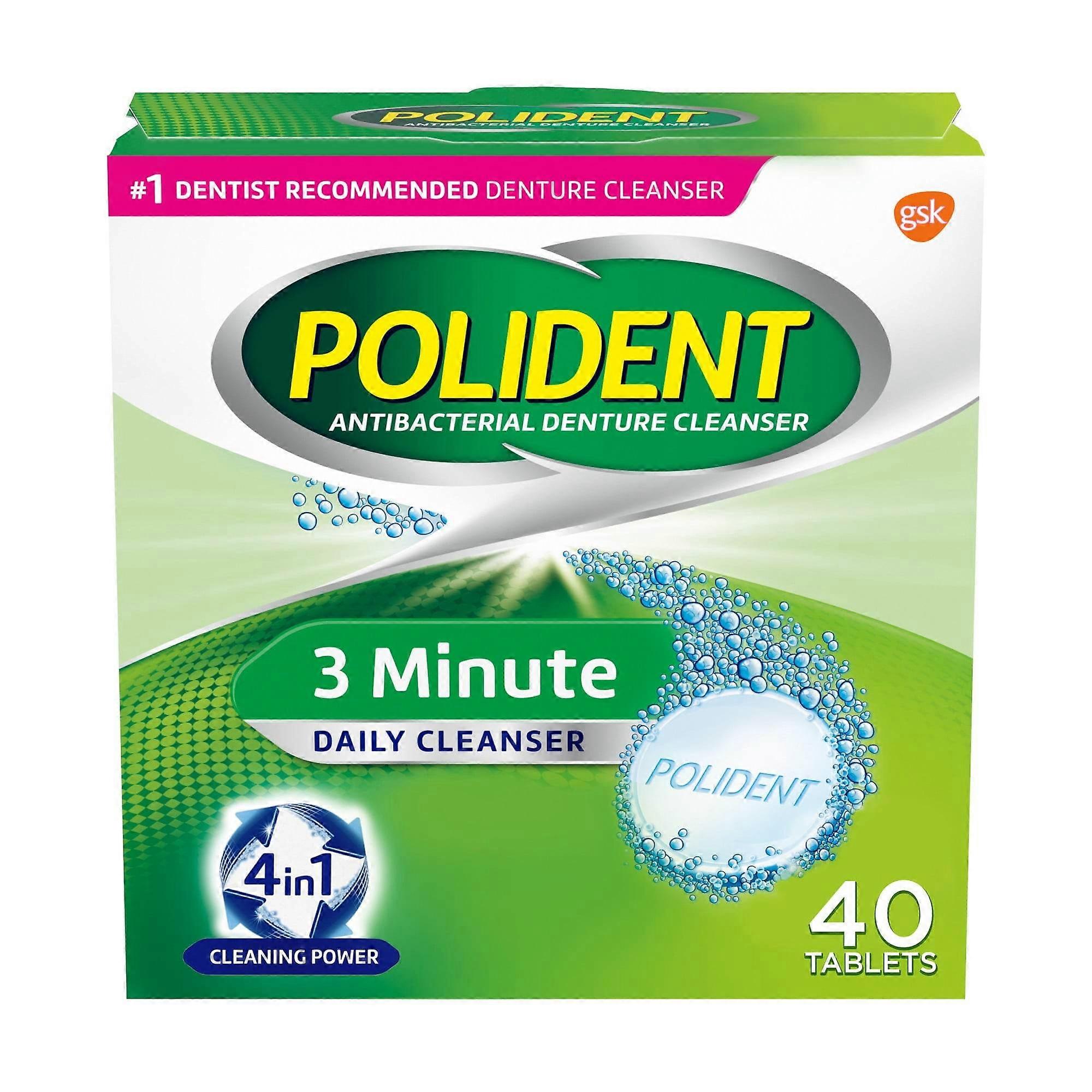 Polident Denture Cleanser, 3 Minute, Tablets, Mint, 40 Ea