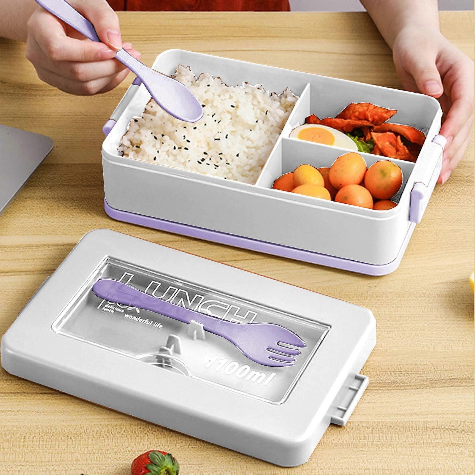 karymi 1100ml 3-Compartment Leak-Proof Lunch Box, Compatible with School & Work, Includes Spoon & Fork, Microwavable Plastic Container