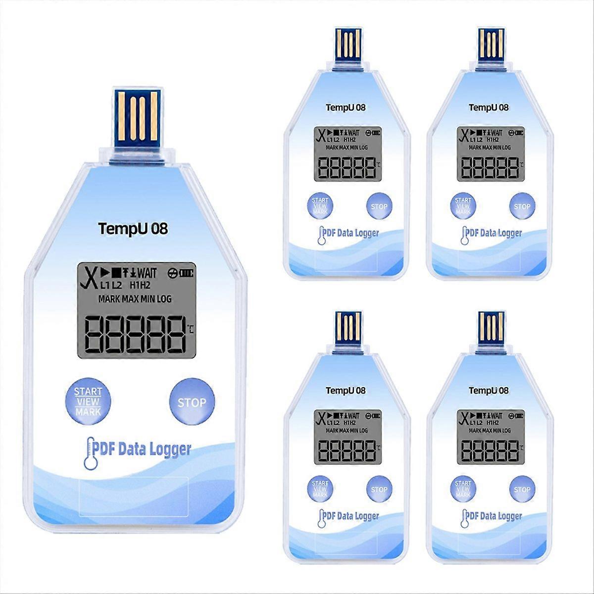 USB Digital Temperature Data Logger 5-Pack, Single Use, IP67 Waterproof, Auto PDF/CSV Reports for Co