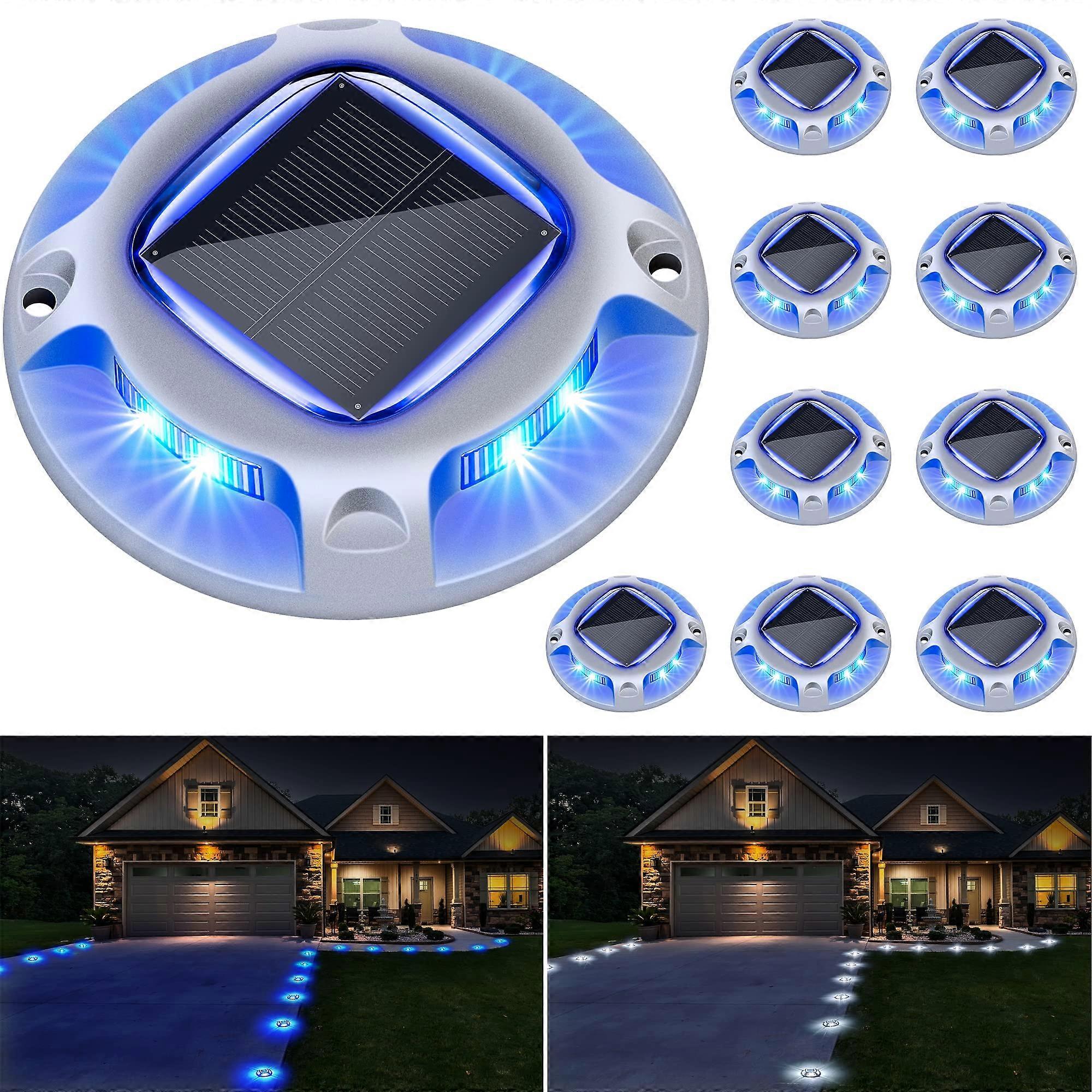 Solar Dock Lights 10 Pack IP68 Waterproof Dual Color Blue White for Driveway Pathway Garden