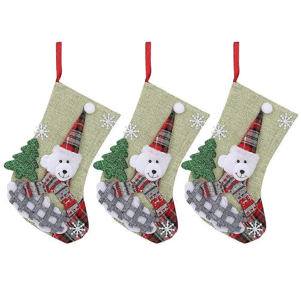 3Pcs Durable Linen Christmas Stockings with Festive Hanging Design for Fireplace, Mantel and Tree