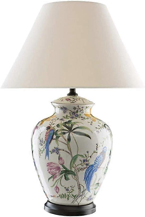 Ceramic Table Lamp with Handmade Glazed Base and Fabric Shade for Bedroom Nightstand Decor