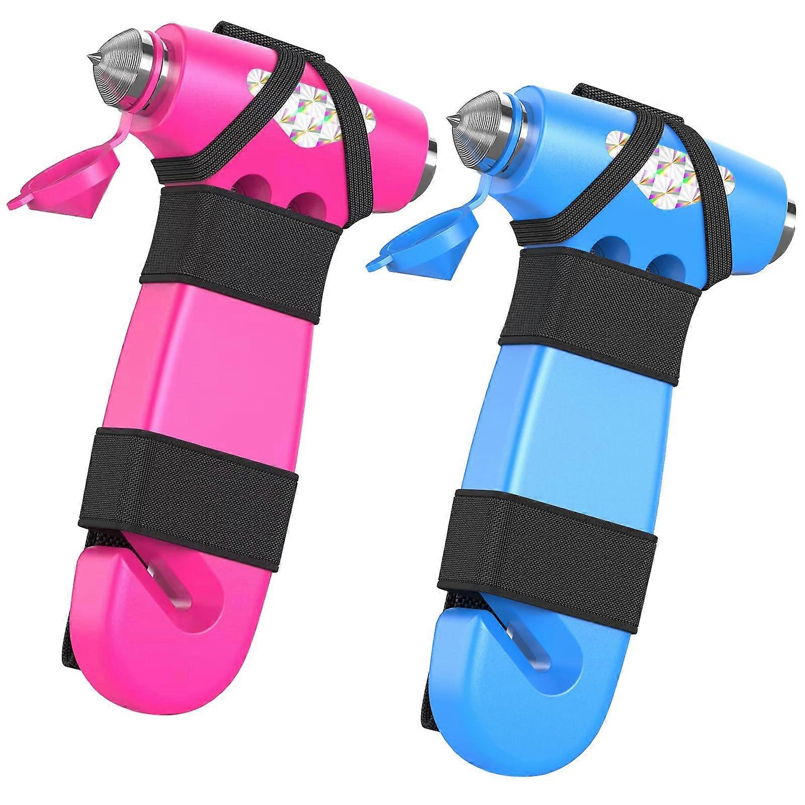 Car Safety Hammer with Seat Belt Cutter and Window Breaking Tip, 3in1 Emergency Escape Tool, 2 Pack Pink and Blue