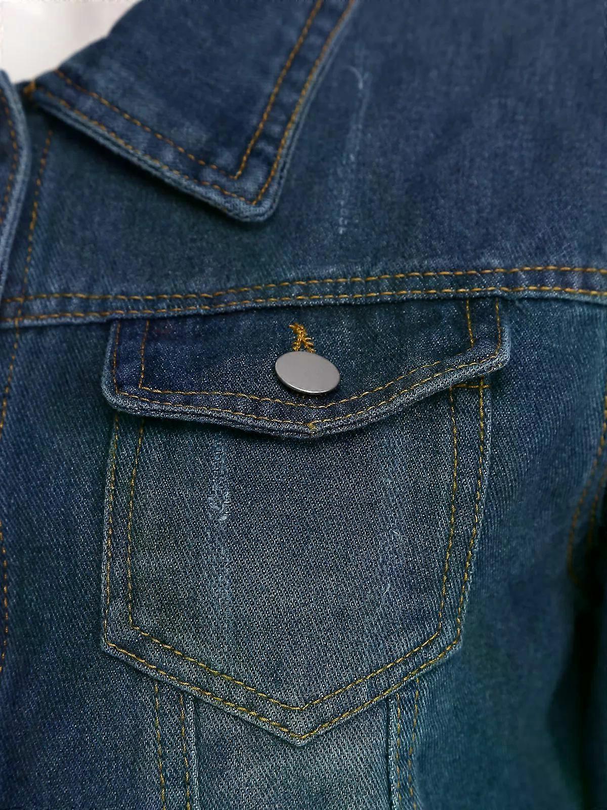Women's Short Denim Jacket Button Closed 3/4 Sleeve Jean,Jacket With Pockets